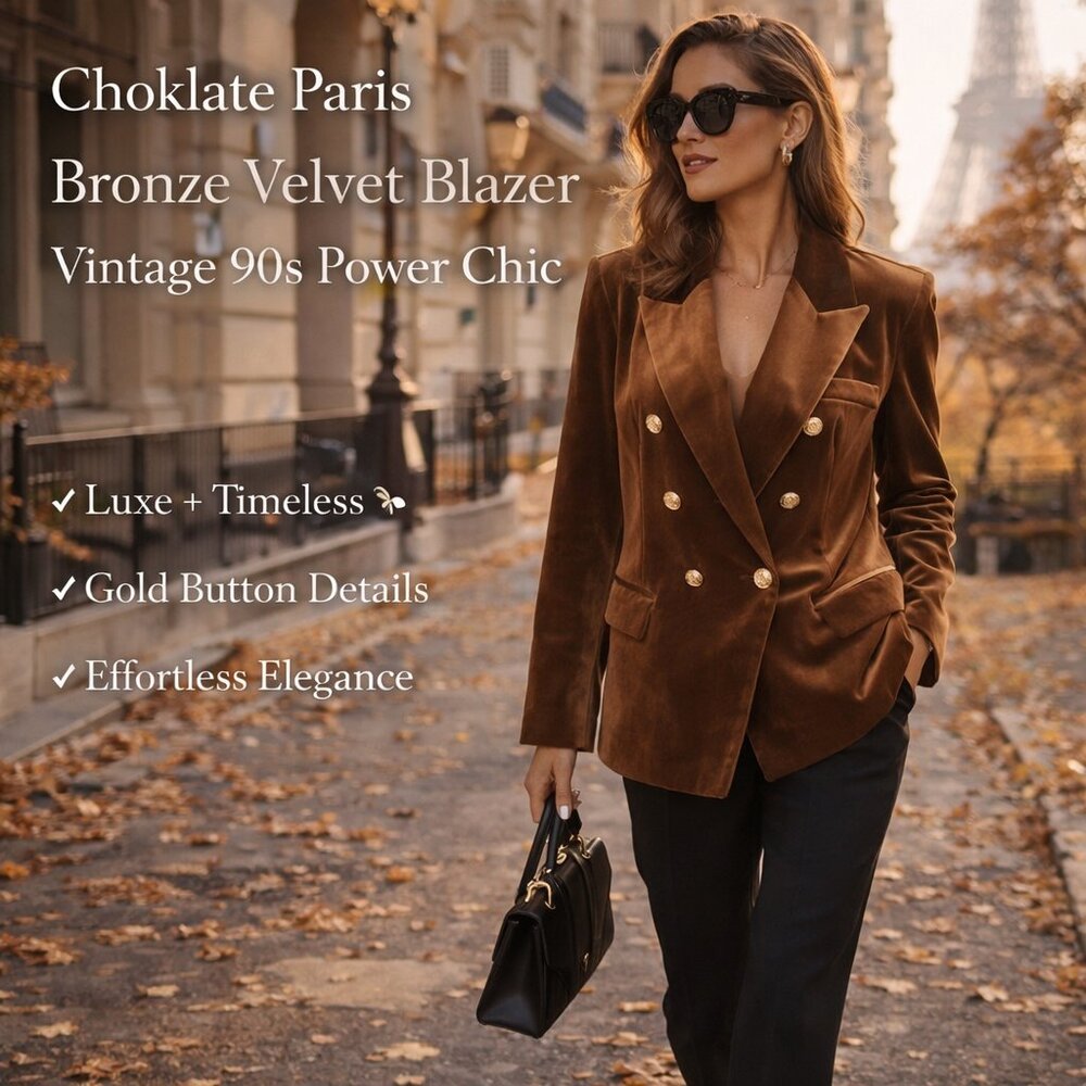 Womens Bronze Velvet Double Breasted Blazer 90s Power Chic S10 Classic Old Money